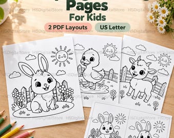 Puede incluir: Una colección de 50 páginas para colorear de primavera para niños con dibujos en blanco y negro de un conejo, un pato y una cabra. Incluye 2 diseños en PDF en tamaño carta de EE. UU., disponible como descarga digital.