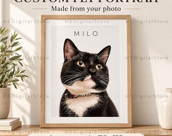 Peut inclure: Une impression numérique encadrée présentant un portrait d'animal personnalisé d'un chat noir et blanc avec le nom MILO imprimé au-dessus. Le texte CUSTOM PET PORTRAIT, Made from your photo, 1 custom portrait JPG + PDF, DIGITAL FILES ONLY - NO FRAME SHIPPED est visible.