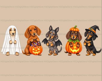 Puede incluir: Una ilustración digital de cinco perros salchicha con disfraces de Halloween. Uno es un fantasma, otro sostiene un cubo de calabaza con dulces, otro es un murciélago, otro está dentro de una calabaza y otro lleva un sombrero de bruja. Fondo beige.