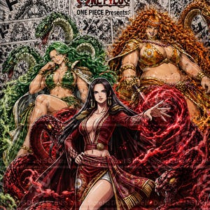 May include: A vibrant digital illustration featuring three female figures from the "One Piece" series, titled "Gorgon Sisters." The artwork showcases the characters with snake-like features, in shades of red, green, and gold. The image includes the "One Piece" logo and text.