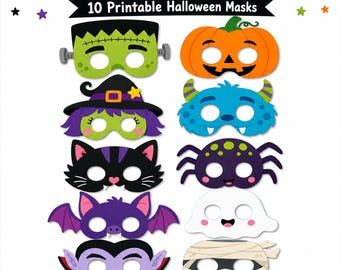 Peut inclure: Un ensemble de 10 masques d'Halloween imprimables représentant un monstre vert, une citrouille orange, une sorcière, un monstre bleu, un chat noir, une araignée violette, une chauve-souris, un fantôme, un vampire et une momie avec le texte WHAT YOU WILL RECEIVE.