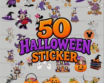 Puede incluir: Una colección digital de 50 pegatinas de Halloween con personajes de Disney como Mickey, Minnie, Donald y Daisy disfrazados, junto a calabazas, fantasmas, una casa encantada y dulces. El texto 50 HALLOWEEN STICKER está centrado en naranja y morado.