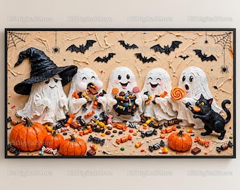 Halloween Frame TV Art, Cute Ghosts with Candy & Pumpkins, 4K Digital Download