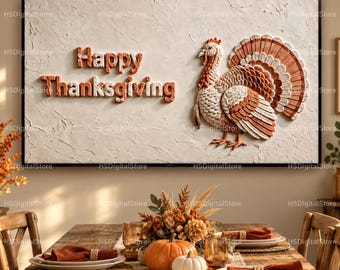 May include: A rectangular wall art piece featuring a textured off-white background with raised, three-dimensional orange lettering that reads Happy Thanksgiving and a sculpted, detailed turkey figure in shades of brown, orange, and white.