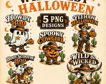 May include: A digital graphic bundle titled Wild West Halloween featuring five designs: a ghost in a cowboy hat, a skeleton cowboy with a pumpkin, a pumpkin in a cowboy hat, a ghost riding a horse, and a cow skull with a cowboy hat and cacti.