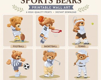 Peut inclure: Un ensemble de six affiches murales imprimables intitulées SPORTS BEARS, représentant des ours en peluche bruns jouant au football, basket-ball, tennis, football, golf et baseball. Chaque ours porte une tenue et un équipement de sport.