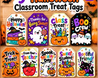 Puede incluir: Nueve etiquetas rectangulares para dulces de Halloween con ilustraciones coloridas de fantasmas, calabazas, gatos y caramelos. Cada etiqueta incluye textos festivos como Happy Halloween, Boo Crew y Trick or Treat, diseñadas para imprimir en papel A4.
