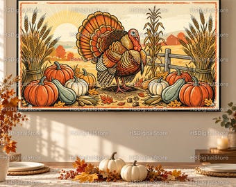 May include: A rectangular wall art print featuring a central turkey with orange and brown feathers, surrounded by orange pumpkins, green gourds, and stalks of wheat. The background shows a sunlit field with a wooden fence and a barn.