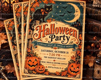 Puede incluir: Una tarjeta de invitación rectangular para una fiesta de Halloween con un gato negro, una luna creciente y dos calabazas. El texto dice Halloween Party, A Vintage Night of Tricks & Treats, Saturday, October 31, 7:30 PM, 789 Harvest Hollow, Music, Treats & Costume Contest, RSVP by October 25.