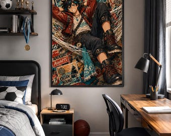 May include: A framed wall poster featuring an anime-style character with dark hair resting in a hammock, surrounded by nautical-themed collage elements and text including "CHASE THE HORIZON," "WAVES CALLING," "FIND YOUR CURRENT," and "ADVENTURE AWAITS."
