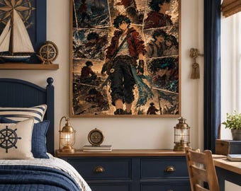 May include: A rectangular wall art print featuring a central anime-style character with dark hair wearing a red jacket and dark pants, surrounded by smaller collage panels depicting the same character in various action scenes with a warm color palette.