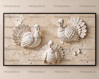 Quadro decorativo para TV com tema de Ação de Graças, relevo em gesso imitando peru em tons neutros, download digital em 4K.
