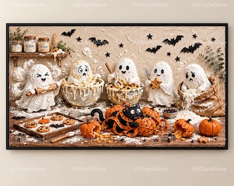 May include: A framed wall art print featuring five white ghosts baking in a kitchen. The ghosts are interacting with flour, mixing bowls, a rolling pin, and a baking sheet of cookies. A black cat is tangled in orange ribbon among pumpkins.
