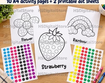 Peut inclure: Ensemble d'activités avec gommettes comprenant 10 pages A4 et 2 feuilles de points à imprimer. Inclut des contours en noir et blanc d'une fleur, d'un arc-en-ciel et d'une fraise avec des espaces circulaires, et des planches de gommettes.