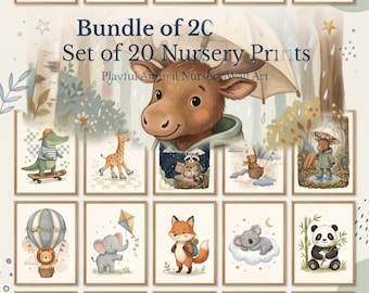 Peut inclure: Une collection de 20 impressions pour chambre d'enfant illustrant des animaux tels qu'un tigre, un zèbre, un crocodile, une baleine, un élan, une girafe, un raton laveur, un ours, un éléphant, un renard, un koala, un panda, un paresseux, un pingouin, un hibou, un écureuil et un hérisson.