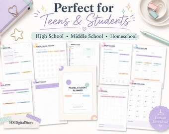 May include: A digital student planner set featuring pastel-coloured pages with headers like Monthly Mood Tracker, Weekly Plan, Daily Planner, Essay Outline, Goal Setting, Habit Tracker, and 30-Day Challenge. The cover page reads Pastel Student Planner.