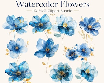 Peut inclure: Une collection numérique de 10 illustrations de fleurs à l'aquarelle dans des tons bleu et or. Le texte indique Blue & Gold Watercolor Flowers, 10 PNG Clipart Bundle, Transparent Background, Instant Download. Chaque fleur a des pétales bleus.