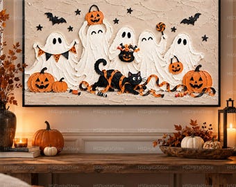 Peut inclure: Une œuvre d'art murale texturée représentant cinq fantômes blancs, un chat noir et des citrouilles orange sur un fond beige. Les fantômes tiennent des seaux citrouilles et une sucette. Des chauves-souris et des étoiles noires parsèment la scène.