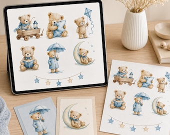 May include: A digital tablet displaying watercolor illustrations of teddy bears in various poses, including riding in a wagon, holding a pillow, flying a kite, reading a book, holding an umbrella, and sitting on a crescent moon with star bunting.