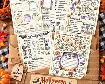 Puede incluir: Un conjunto de cinco páginas de actividades imprimibles de Halloween que incluyen una hoja de recuerdos, un planificador de fiestas, un mapa de ruta de dulces, una lista de tareas diarias y un calendario de cuenta regresiva en un sobre marrón.