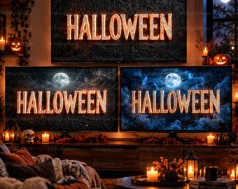Puede incluir: Tres pantallas de televisión que muestran la palabra HALLOWEEN en letras grandes, texturizadas y brillantes. La pantalla superior presenta un fondo oscuro y ahumado, mientras que las dos inferiores muestran una luna llena en un cielo nocturno.