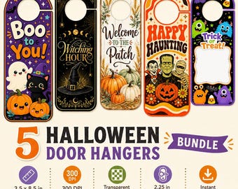 May include: A bundle of five Halloween door hangers featuring various designs including a ghost, a black cat, pumpkins, a witch hat, a Frankenstein monster, and colorful monsters. The set includes a blank area for personalization and measures 3.5 by 8.5 inches.