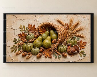 Puede incluir: Una pieza de arte mural enmarcada con un fondo beige texturizado y agrietado, que muestra un cuerno de la abundancia tejido lleno de peras verdes, calabazas pequeñas, bellotas marrones, espigas de trigo, hojas y una figura de pavo.
