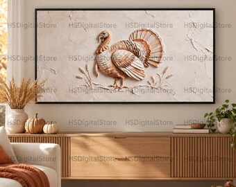May include: A rectangular wall art piece in a black frame featuring a textured, raised relief sculpture of a turkey standing among wheat stalks against a neutral, off-white background. The artwork displays a monochromatic beige color palette.