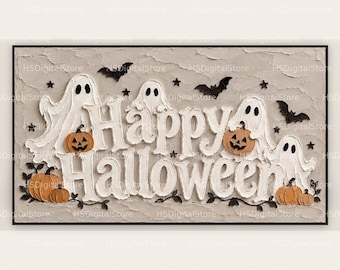Peut inclure: Une décoration murale rectangulaire au fond gris clair texturé avec le texte Happy Halloween en relief blanc. Le motif comprend des fantômes blancs, des citrouilles orange, des chauves-souris noires et de petites étoiles noires.