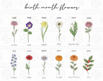 May include: A white graphic featuring twelve birth month flowers, each labeled with a month and flower name. The flowers include carnation, violet, daffodil, daisy, lily of the valley, rose, larkspur, poppy, aster, marigold, chrysanthemum, and holly.