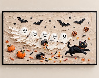 May include: A textured wall art piece featuring five white ghosts holding a rope connected to a black cat. The scene includes black bats, stars, orange pumpkins, and scattered colorful candies on a beige background. The ghosts have expressive faces, and the cat is running while holding a lollipop.