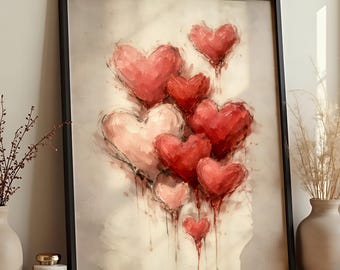 Peut inclure: Impression d'art encadrée représentant un groupe de cœurs stylisés dans des tons de rouge et de rose. Les cœurs semblent peints avec des coups de pinceau visibles, créant un effet texturé. L'œuvre est sur fond neutre.