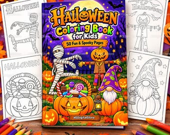 Puede incluir: Un libro de colorear de Halloween para niños con una portada colorida que muestra una momia, un espantapájaros, un gnomo y una cesta de calabaza, rodeado de cuatro páginas para colorear en blanco y negro con una momia, un espantapájaros, una cesta de dulces y un gnomo.
