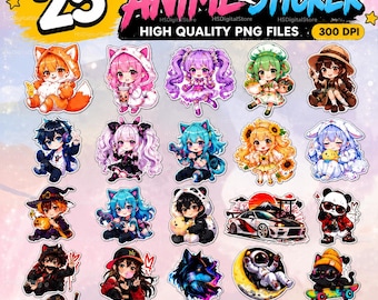 May include: A digital collection of 25 anime-style stickers featuring various characters, animals, and a sports car. The text at the top reads 25 ANIME STICKER HIGH QUALITY PNG FILES 300 DPI. The stickers include figures with colorful hair, hats, and outfits.
