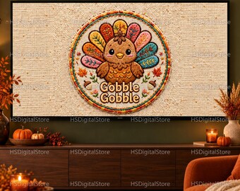 Quadro decorativo para TV com tema de Ação de Graças, peru "Glu-Glu-Bu", bordado falso, download digital em 4K.