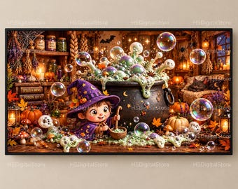 May include: A digital illustration of a child wearing a purple witch hat and robe, stirring a large black cauldron filled with bubbling green liquid and floating iridescent bubbles. The scene includes pumpkins, books labeled Spells and Brews, and jars.