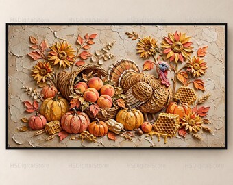 Peut inclure: Une œuvre murale texturée représentant une dinde, une corne d'abondance remplie de pêches, de citrouilles, de tournesols et de rayons de miel. La composition utilise des tons automnaux chauds d'orange, de jaune et de brun sur un fond beige craquelé.