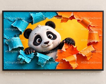 Peut inclure: Une impression d'art mural rectangulaire représentant un panda de dessin animé qui regarde à travers un trou déchiré dans un fond en papier superposé. Le côté gauche est bleu vif, le côté droit est orange et le centre révèle un fond jaune.