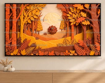 Puede incluir: Una pieza de arte en arcilla superpuesta que representa una escena de bosque otoñal con un pavo central, un gran sol pálido y varios árboles y helechos en tonos naranja, amarillo y marrón, encerrada en un marco rectangular negro.