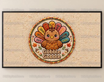 感謝祭フレームTVアート、ゴブルゴブルターキー、フェイク刺繍、4Kデジタルダウンロード