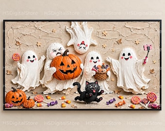 May include: A textured wall art piece featuring four white ghosts, a black cat, and two orange pumpkins. One ghost holds a lollipop, another a pumpkin, one a basket of treats, and one a selfie stick. Scattered candy corn and wrapped sweets surround them.