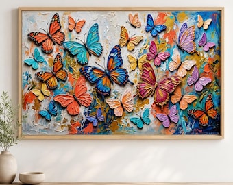Peut inclure: Une œuvre d'art murale rectangulaire présentant une peinture à l'huile texturée et vibrante de nombreux papillons de diverses couleurs, notamment orange, bleu, rose, jaune et violet. Le fond est composé de coups de pinceau épais et empâtés dans des tons de bleu, blanc et orange, encadré par une bordure en bois clair.