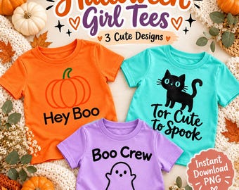 Puede incluir: Tres camisetas de manga corta con diseños de Halloween. Una camiseta naranja con una calabaza y el texto Hey Boo, una camiseta azul verdoso con un gato negro y el texto Too Cute to Spook, y una camiseta lavanda con un fantasma y el texto Boo Crew.