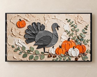 Puede incluir: Una pieza de arte mural texturizada que presenta un pavo gris oscuro, varias calabazas naranjas y blancas, y ramas de hojas verdes sobre un fondo beige. La obra utiliza trazos de pintura gruesos para crear un efecto tridimensional.
