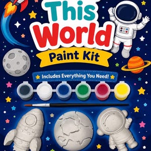 May include: An Out of This World Paint Kit featuring a dark blue background with space illustrations including a rocket, astronaut, and planets. The kit includes six paint pots, a paintbrush, and three unpainted plaster models of a rocket, planet, and astronaut.
