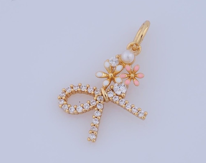 1 pcs Gold CZ Bow Pendant,18K Gold Filled Flower Charm,Bow Charm DIY Bracelet Necklace Jewelry Making Findings Supply