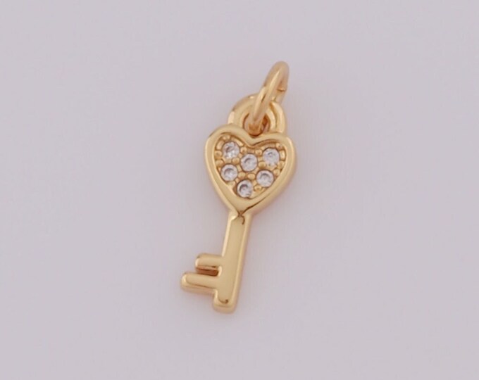 1 pcs Gold Heart Pendant,18K Gold Filled Key Charms,CZ Heart Charms DIY Bracelet Necklace Jewelry Making Findings Supply