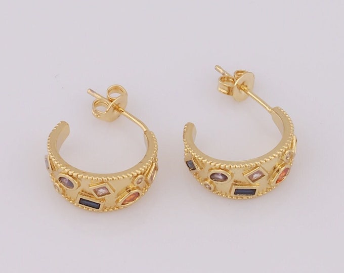 1pair Gold Open Stud Earrings,18K Gold Filled CZ Wide Stud Earrings,Wide Stud Earrings,Hypoallergenic Stud Earrings,Gift for Her