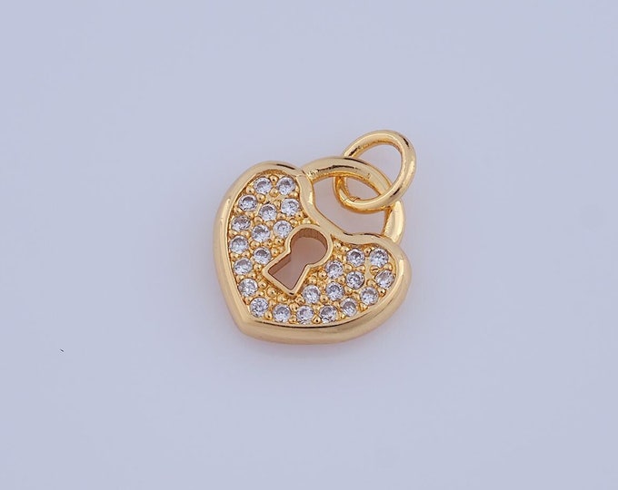 1 pcs Gold CZ Heart Pendant,18K Gold Filled Lock Charm,Heart Charm DIY Bracelet Necklace Jewelry Making Findings Supply