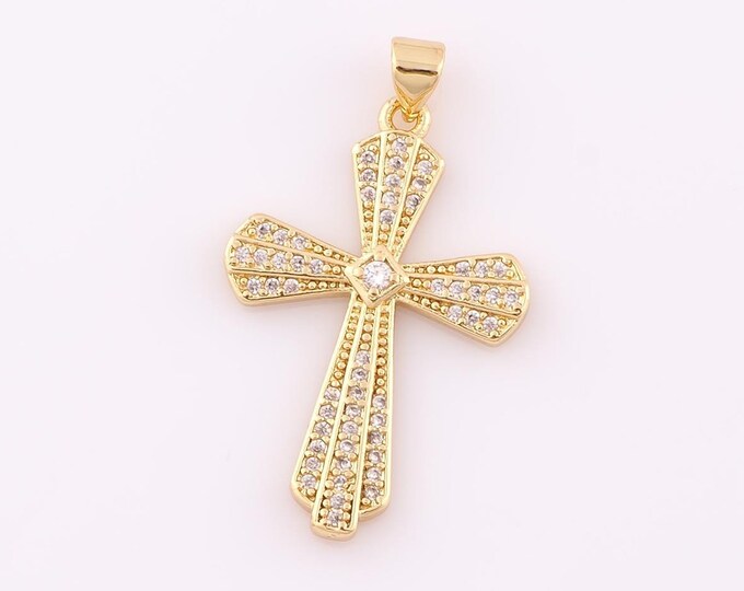 1 pcs Gold CZ Cross Pendant,18K Gold Filled Religion Charm,Christian Charm DIY Bracelet Necklace Jewelry Making Findings Supply
